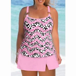 ROTITA Plus Size Mid Waisted Circular Ring Leopard Tankini Set