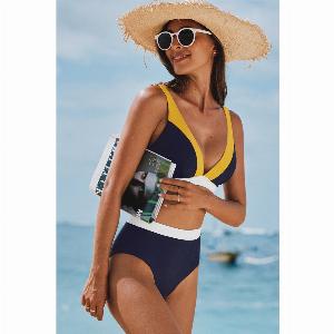Bikini taille haute à col V et bas bande