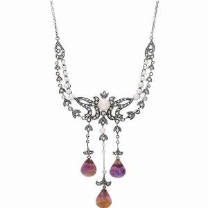 Sterling Silver Blue John Marcasite Pearl Triple Drop Necklace