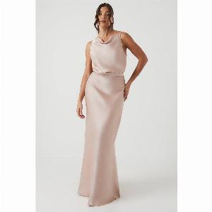 Cowl Neck Blouson Satin Bridesmaids Dress  Mocha