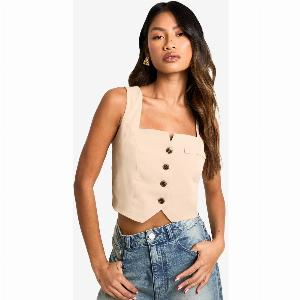 Womens Square Neck Cropped Fitted Waistcoat  Camel  12
