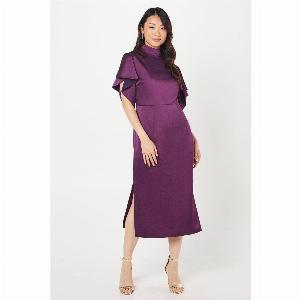 High Neck Satin Midi Wedding Guest Dress  Plum