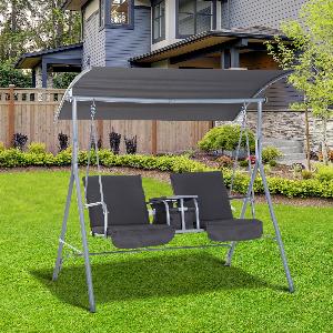 Outsunny Balancelle de Jardin 2 Places Inclinaison Toit réglable Tablette rétractable Rangement Acier Gris Clair Noir