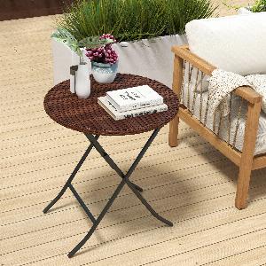 Outsunny Foldable PE Rattan Outdoor Coffee Table Metal Frame Wicker Round Side Table Coffee Table Side Table for Garden Mixed Brown   Aosom UK