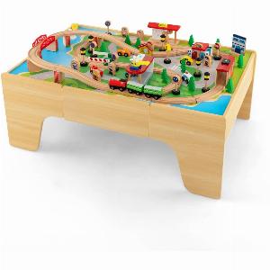 84 PCS  Wooden Train Track Railway Playset Activity Table with Storage Drawer