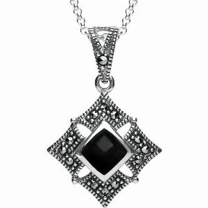 Sterling Silver Whitby Jet Square Marcasite Necklace