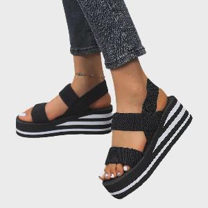 Sandales romaines noires et blanches pour femmes semelle épaisse motif corde de chanvre synthétique idéales pour lété 39