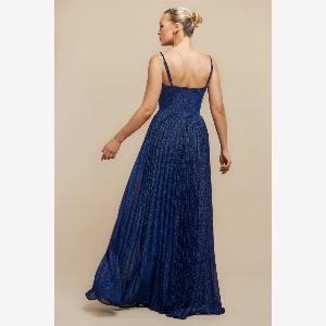 Goddiva Sleeveless Pleated A Line Lurex Maxi Dress  Navy Blue