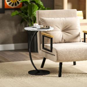 HOMCOM C Shaped Side Table Round Bedside Table with Marble Effect Top Modern Coffee Table Sofa End Table with Metal Frame for Living Room Bedroom Office White