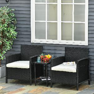 Outsunny Rattan Garden Furniture Outdoor 3 Pieces Patio Bistro Set Jack and Jill Seat Wicker Weave Conservatory Sofa Chair Table Set wCushion Black