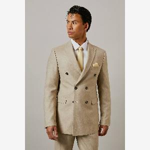 Mens Neutral Textured Double Breasted Suit Jacket
