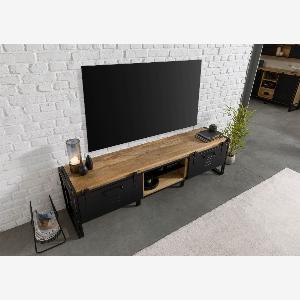 Meuble TV en bois de manguier 200x45x55 laqué naturel clair  Métal noir BLACKBURN 101