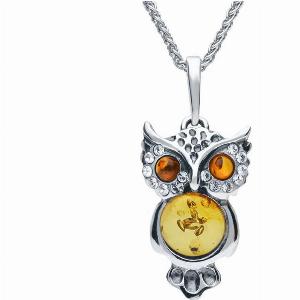 Sterling Silver Amber Cubic Zirconia Owl Medium Necklace