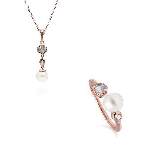 30 Discount on Modern Pearl White Topaz Pendant and Ring Set in Rose Gold