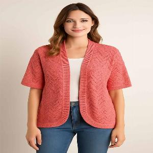 Sugar Crisp Cotton Open Knit Short Sleeve Bolero Cardigan Size S  Coral