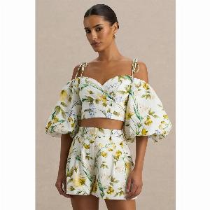 Amberly  White Linen Botanical Print Plunge Crop Top Now 55 Save 35