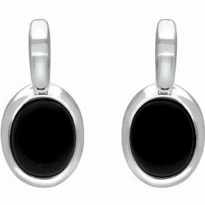 Sterling Silver Whitby Jet Oval Drop Earrings Silver