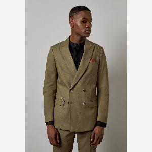Mens Khaki Linen Double Breasted Suit Jacket