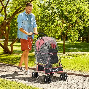 PawHut 3 In 1 Pet Stroller w Rain Cover Detachable Cat Dog Pushchair Foldable Carrying Bag w Universal Wheels Brake Canopy Basket   Aosom UK