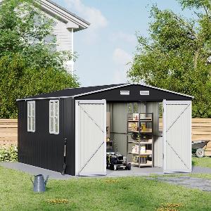 12x10ft  10x12ft  10x16ft Charcoal Black Galvanized Steel Storage Shed with Double Lockable Doors  Grid Windows