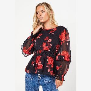 Womens Petite Red Floral Ruffle Long Sleeve Chiffon Blouse