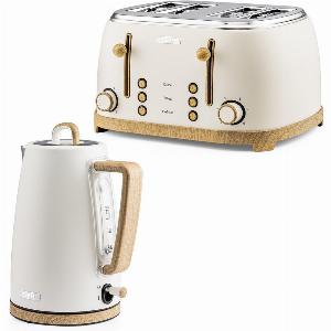 NordiQ Cream and Wooden 4Slice Toaster  17L Electric Kettle