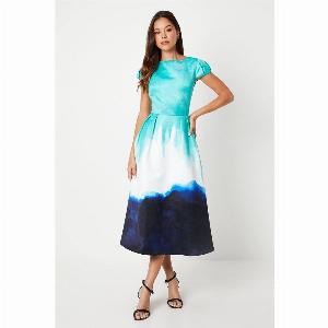 Placement Print Puff Sleeve Satin Midi Wedding Guest Dress  Mint