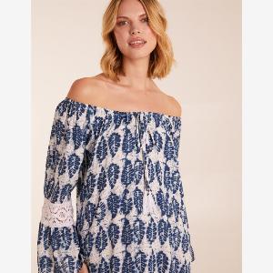 Leaf Print Elasticated Bardot Neck Tunic Dress  L  MULTI