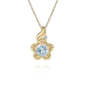 Floral Round Blue Topaz  Diamond Pendant in 9ct Yellow Gold