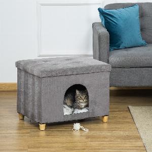 PawHut Niche pour chat maison de chat design surélevé avec coussin amoviable et lavable en peluche doux reposepieds dessus ouvrable gris