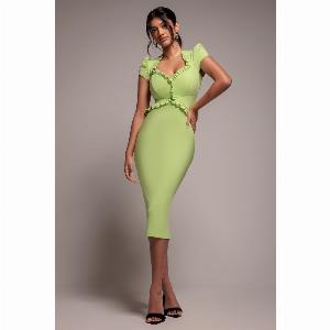 Cap Sleeve Frill Edge Midi Dress  Lime Green by Goddiva