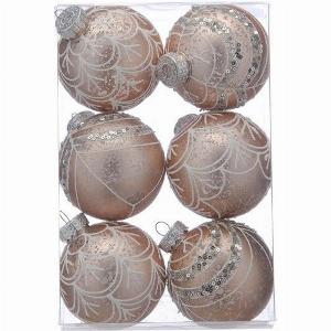 6 x Christmas Tree Baubles Decoration Pink with Glitter Pattern  8cm