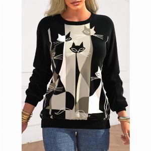 ROTITA Animal Print Black Round Neck Long Sleeve Sweatshirt
