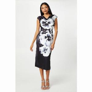 Large Scale Floral Print Cowl Neck Midi Wedding Guest Dress  Mono