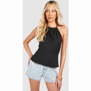 Womens Tall Halter Linen Look Smock Top  Black  8