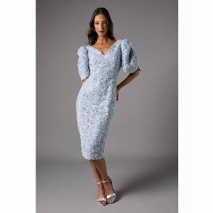Enjoy 45 Discount on Pale Blue Floral Pleated Sleeve Pencil Dress
