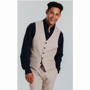 Dobell Sand Linen Slim Fit Waistcoat