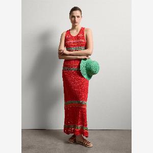 Stefanel  Abito lungo crochet con dettagli a contrasto Donna Verderosso Taglia L