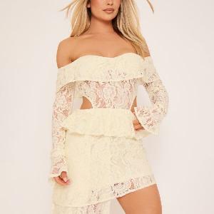 Get 88 Off Cream Lace Bardot Mini Dress with Flute Sleeves UK 14