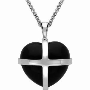 Sterling Silver Whitby Jet Medium Cross Heart Necklace