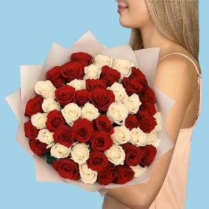 50 Premium White and Red Roses