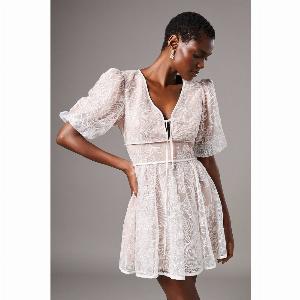 Embellished Organza Puff Sleeve Mini Dress  White