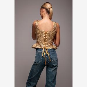 Get 13 Off Goddiva Gold Corset with Sleeveless Jacquard  LaceUp Back