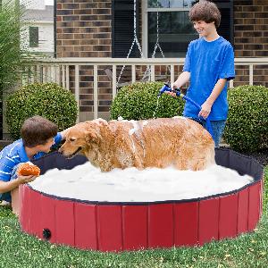 Pawhut Durable Pet Swimming Pool 160x30cm Foldable PVC Design Easy Storage RedDark Blue for Dogs   Aosom UK