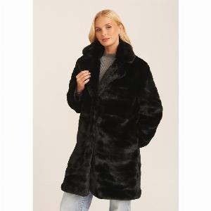 Save 31 on a longline coat featuring a black faux fur lapel collar