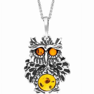 Sterling Silver Amber Moving Head Owl Necklace