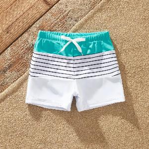 Matching Family Swimwear Mint Green Cut Out Halter Onepiece Swimsuits or Colorblock Stripe Swim Trunks