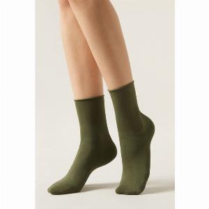 Calzedonia Chaussettes Courtes à Bords Francs en Coton Femme Vert Taille 3638