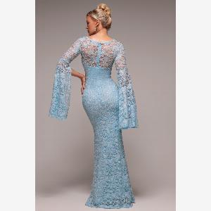 Goddiva Cape Sleeve Lace Mermaid Hem Maxi Dress  Sky Blue