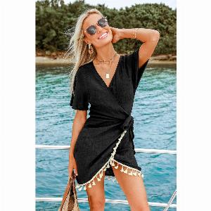 Black Tassel Trim Wrap CoverUp Mini Dress